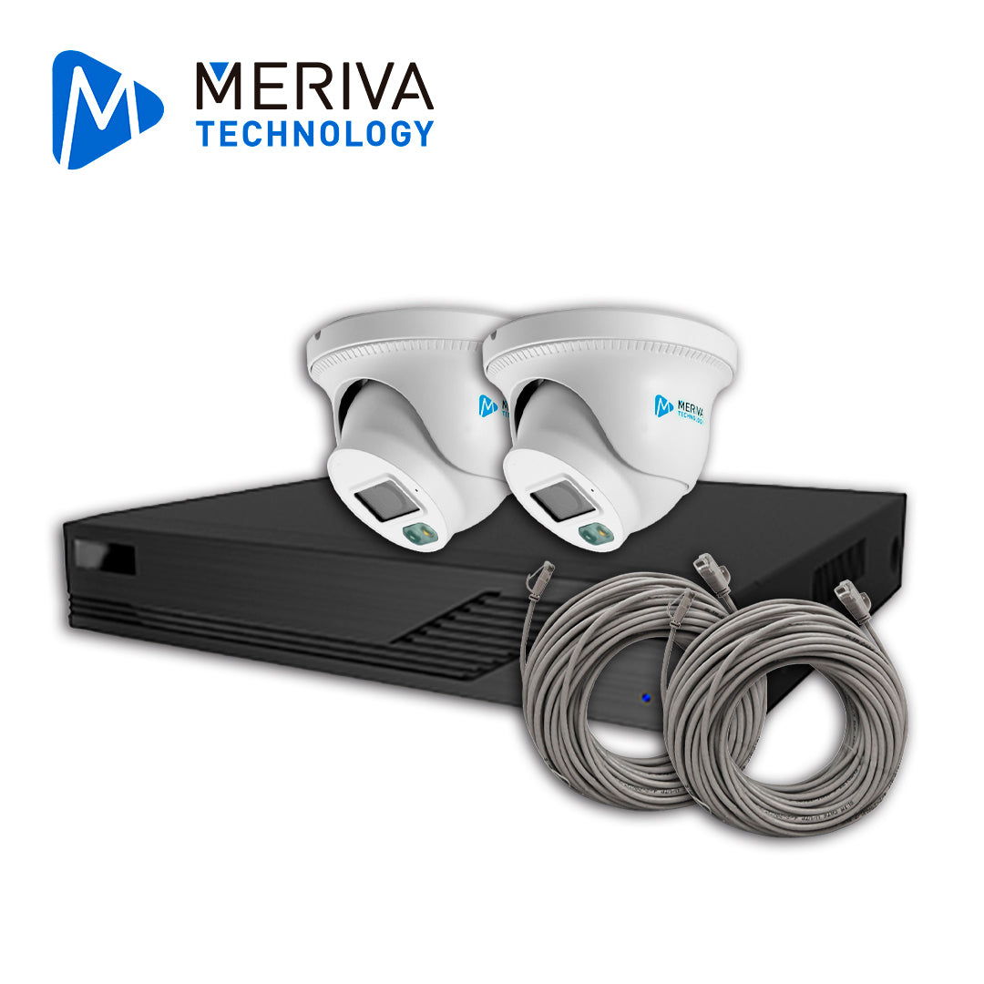 KIT DE VIDEOVIGILANCIA IP MERIVA TECHNOLOGY MKIP2MP-2T-4P 2 CÁMARAS TURRET IP MTD-203D DE 2MP LUZ DUAL CON MICROFONO INT