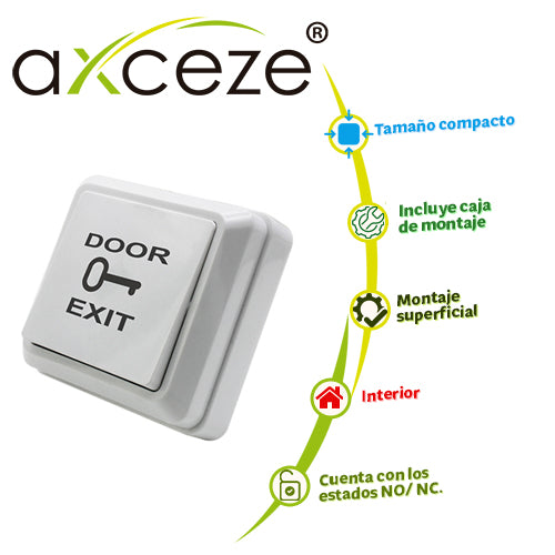 BOTON LIBERADOR AXCEZE AX-B30 TIPO PUSH FABRICADO EN PLASTICO INCLUYE BASE MEDIDAS 69 X 69MM CONEXION A 2 HILOS CUENTA C
