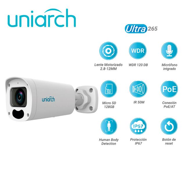 CAMARA IP BULLET UNIARCH IPC-B312-APKZ / 2MP / ULTRA265/ LENTE MOTORIZADO 2.8 MM-12 MM / WDR 120DB / MICROFONO EMBEBIDO 