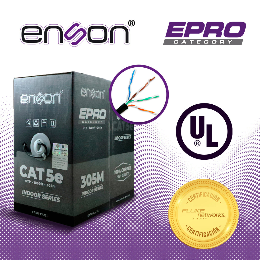 CABLE UTP CAT5E ENSON EPRO-CAT5E FORRO COLOR NEGRO PVC CM 4 PARES CALIBRE 24 AWG 100 CIENTO COBRE USO INTERIOR BOBINA 10
