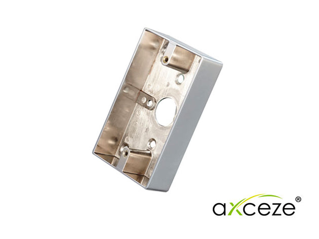 CAJA PARA BOTON AXCEZE AX-PBOX70114 DIMENSIONES 114 X 70 X 25MM FABRICADA EN ALUMINIO IDEAL PARA MONTAJE SUPERFICIAL
