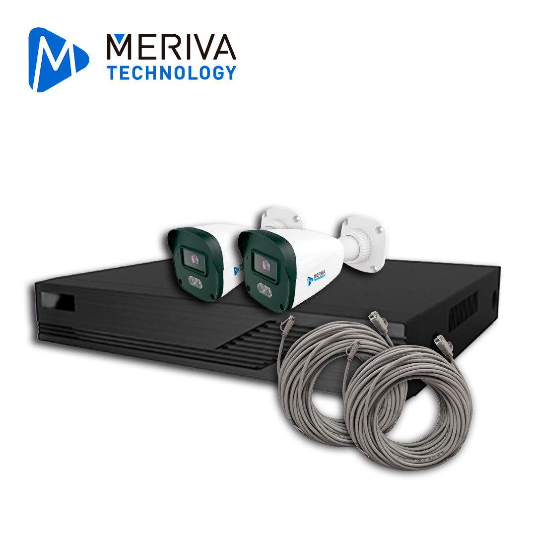 KIT DE VIDEOVIGILANCIA IP MERIVA TECHNOLOGY MKIP2MP-2B-4P 2 CÁMARAS BULLET IP MOB-203D DE 2MP LUZ DUAL CON MICROFONO INT