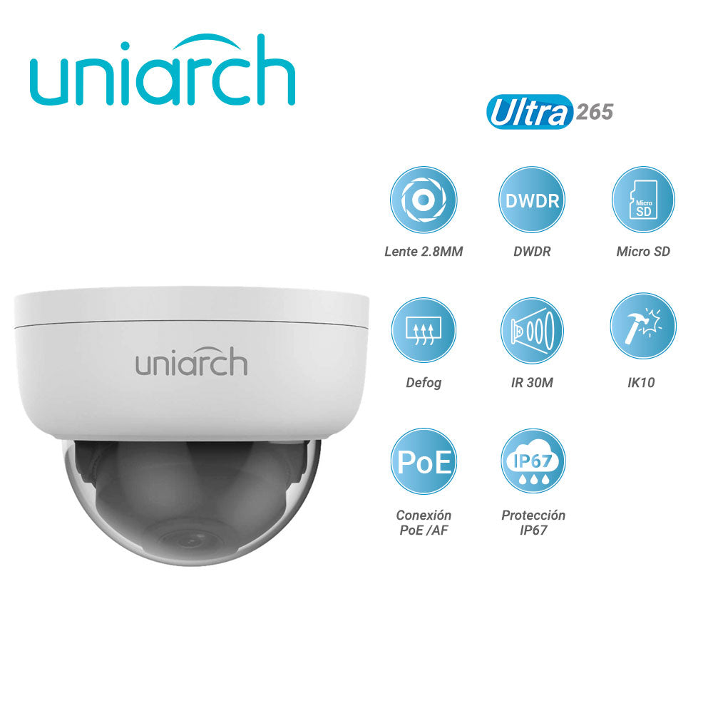 CAMARA IP DOMO UNIARCH IPC-D124-PF28K / 4MP / ULTRA265 / LENTE 2.8 MM / DWDR / RANURA PARA MEMORIA SD HASTA 128 GB / DIG