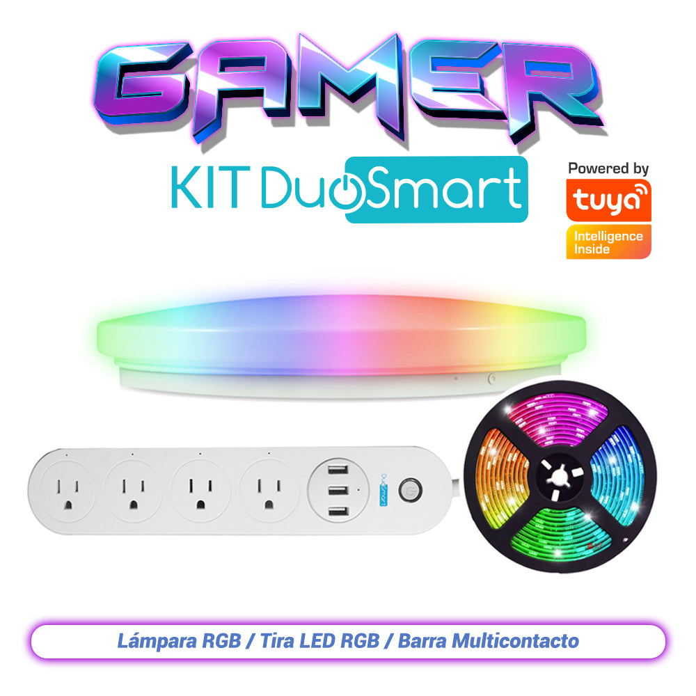 KIT DE ILUMINACIÓN GAMER, GAMER KIT DUOSMART. INCLUYE: 1 LÁMPARA RGB S20, 1 TIRA LED RGB S30 Y UNA BARRA MULTICONTACTO B