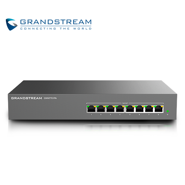 SWITCH NO ADMINISTRABLE POE+ GRANDSTREAM GWN7701PA / 8 PUERTOS 10/100/1,000MBPS / 8 PUERTOS POE+ AF/AT / MONTAJE ESCRITO