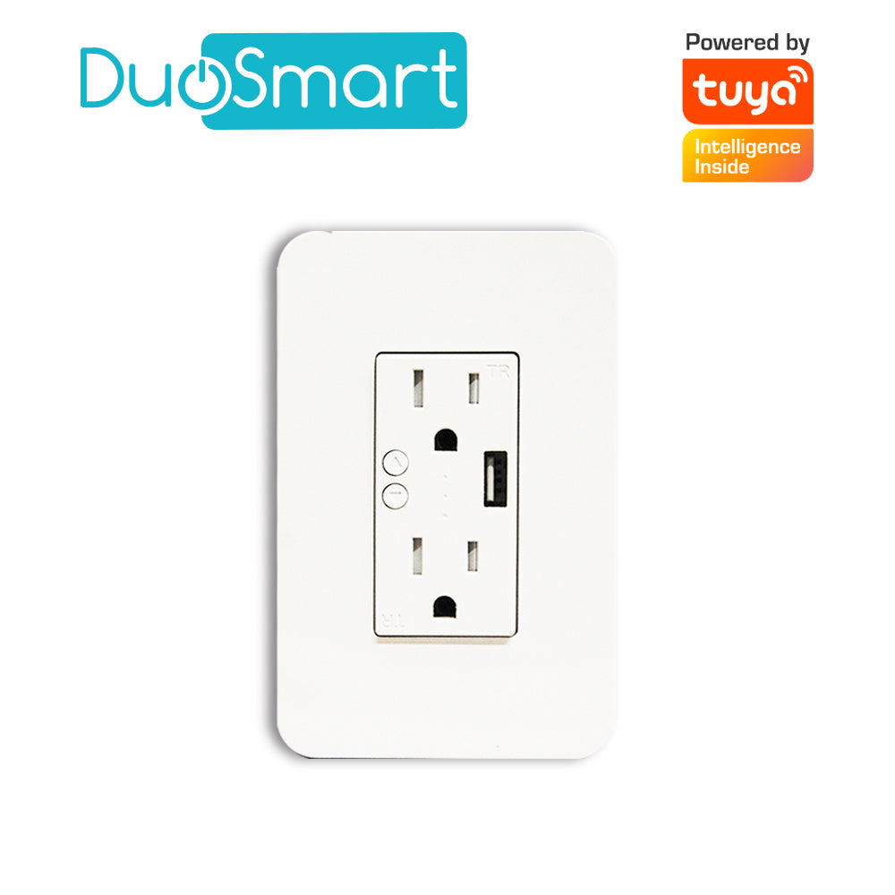 CONTACTO TOMACORRIENTE WIFI 2.4 GHZ DUOSMART A60 2 CONTACTOS Y 1 PUERTO USB PARA PARED MEDIDA ESTANDAR COMPATIBLE CON AP