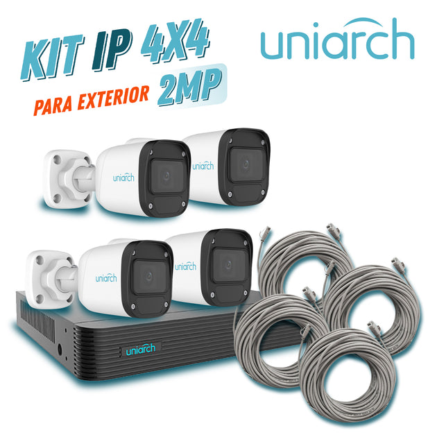 KIT 4X4 UNIARCH IP EXTERIOR BULLET 2MP 1080P INCLUYE 1 NVR POE 4PTOS + 4 CAM BULLET IP 2MP 2.8MM SLOT MICROSD + 4 CABLES