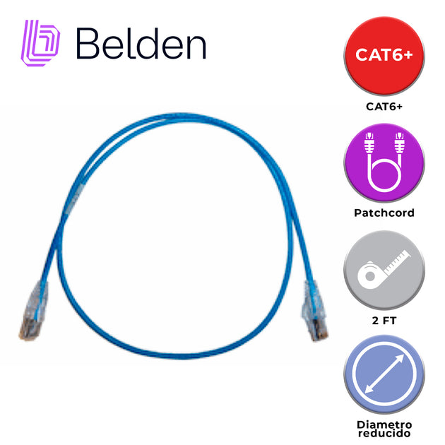PATCH CORD DIAMETRO REDUCIDO UTP CAT6+ BELDEN C6D1106002 / INTERIOR / AZUL / 4 PARES / 28 AWG / FORRO PVC / CMR / 2 PIES