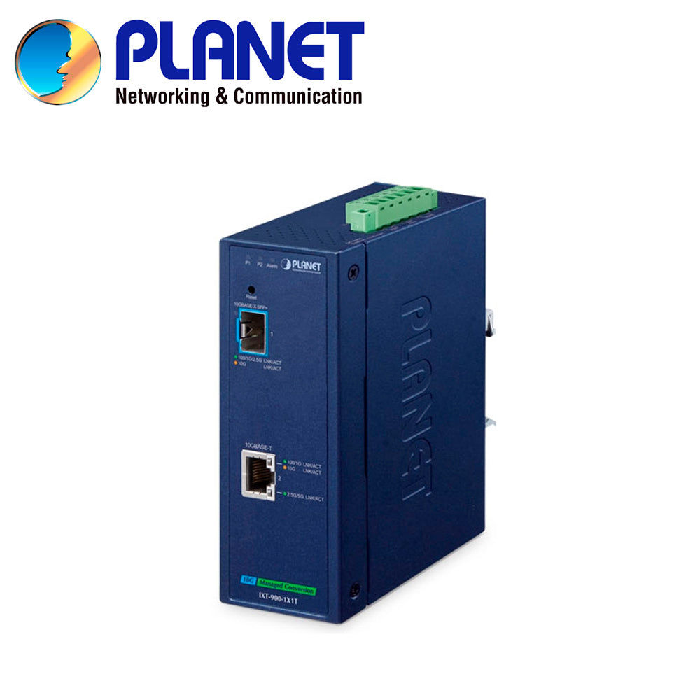 CONVERTIDOR DE MEDIOS INDUSTRIAL ADMINISTRABLE PLANET IXT-900-1X1T / 1 PUERTO RJ45 100M/1/2.5/5/10GBPS / 1 PUERTO OPTICO