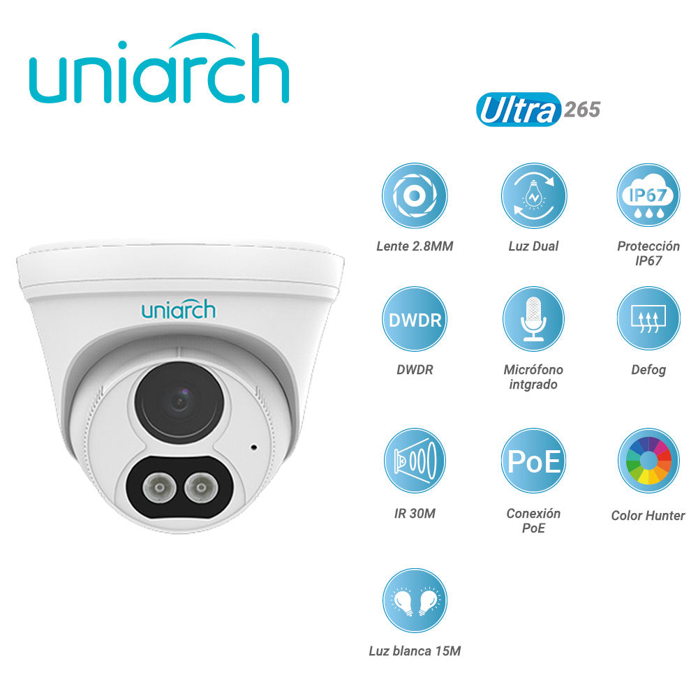 CAMARA IP TURRET UNIARCH IPC-T213-APF28W / 3MP / ULTRA 265 / LENTE 2.8 MM / LUZ DUAL / IP67 / DWDR / MICROFONO INTEGRADO