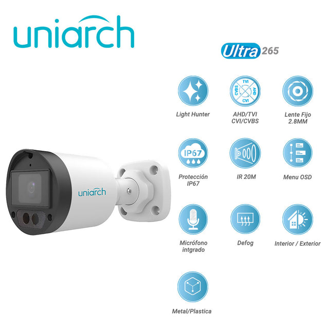 CAMARA ANALOGICA LIGHTHUNTER BULLET UNIARCH UAC-B122-AF28LM / UAC-B122-AF28LM-H / 2MP / AHD/TVI/CVI/CVBS / LENTE FIJO 2.