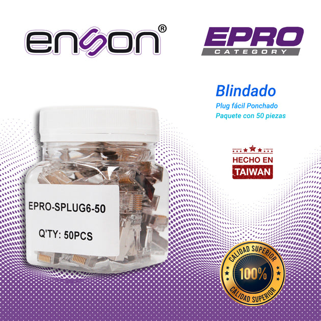 PLUG FACIL PONCHADO BLINDADO ENSON EPRO-SPLUG6-50 BOTE DE 50 PZS PARA CABLE UTP CAT6 CON SISTEMA DE PASO DE CABLES PASST