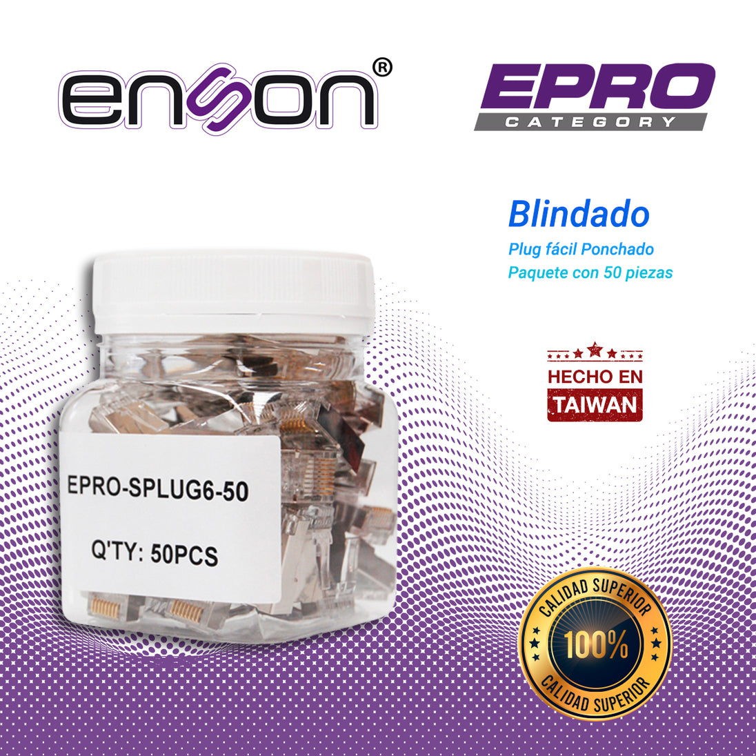 PLUG FACIL PONCHADO BLINDADO ENSON EPRO-SPLUG6-50 BOTE DE 50 PZS PARA CABLE UTP CAT6 CON SISTEMA DE PASO DE CABLES PASST