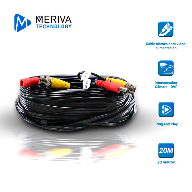CABLE DE VIDEO HD ARMADO MERIVA MVA-HDCB20 20MTS NEGRO CON CONECTORES DE VIDEO BNC Y CORRIENTE OPTIMIZADO PARA AHD/HDTVI