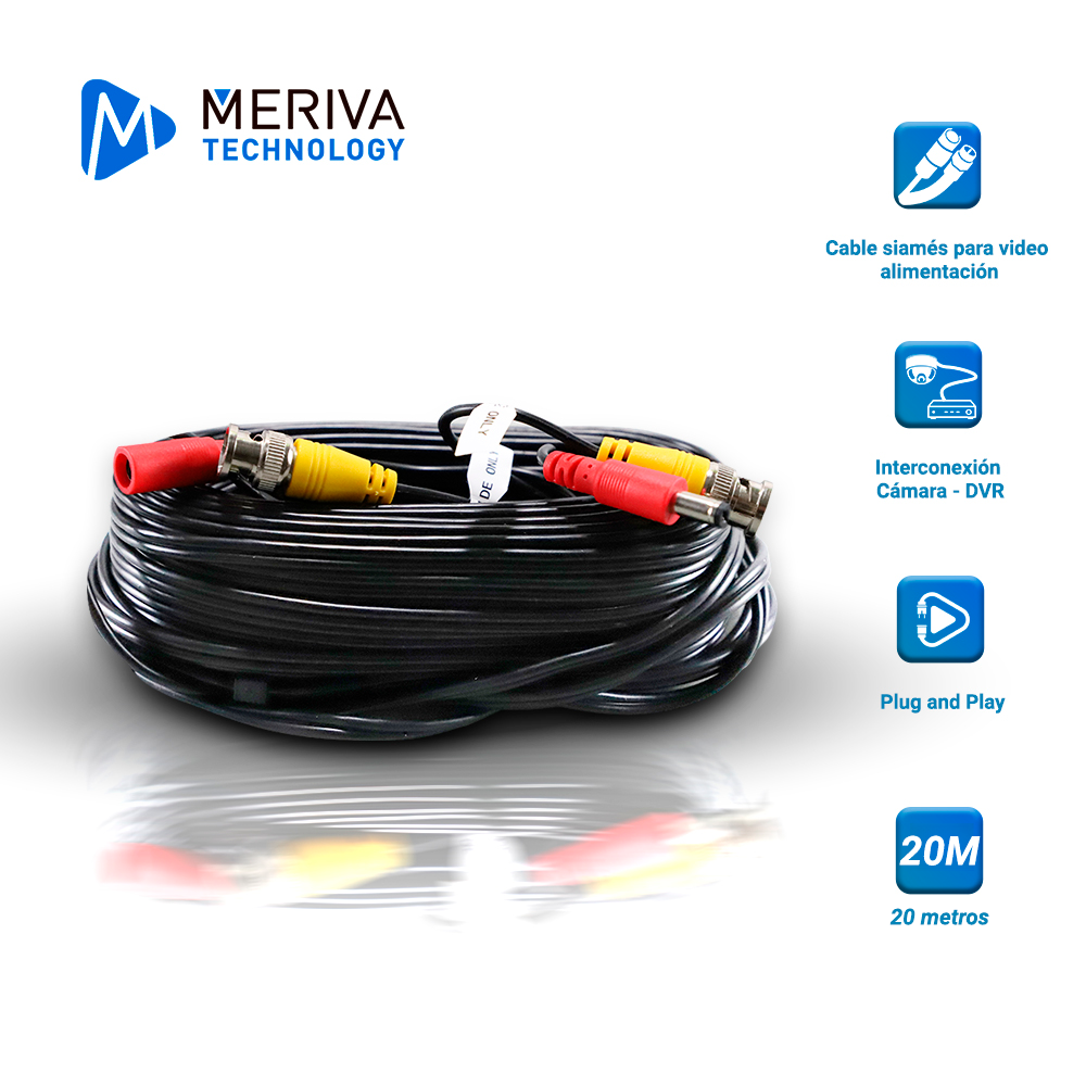 CABLE DE VIDEO HD ARMADO MERIVA MVA-HDCB20 20MTS NEGRO CON CONECTORES DE VIDEO BNC Y CORRIENTE OPTIMIZADO PARA AHD/HDTVI