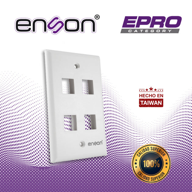 PLACA DE PARED (FACEPLATE) ENSON EPRO-FP40 COMPATIBLE CON JACK KEYSTONE 4 PUERTOS COLOR BLANCO, USO EN INTERIOR, IDEAL P