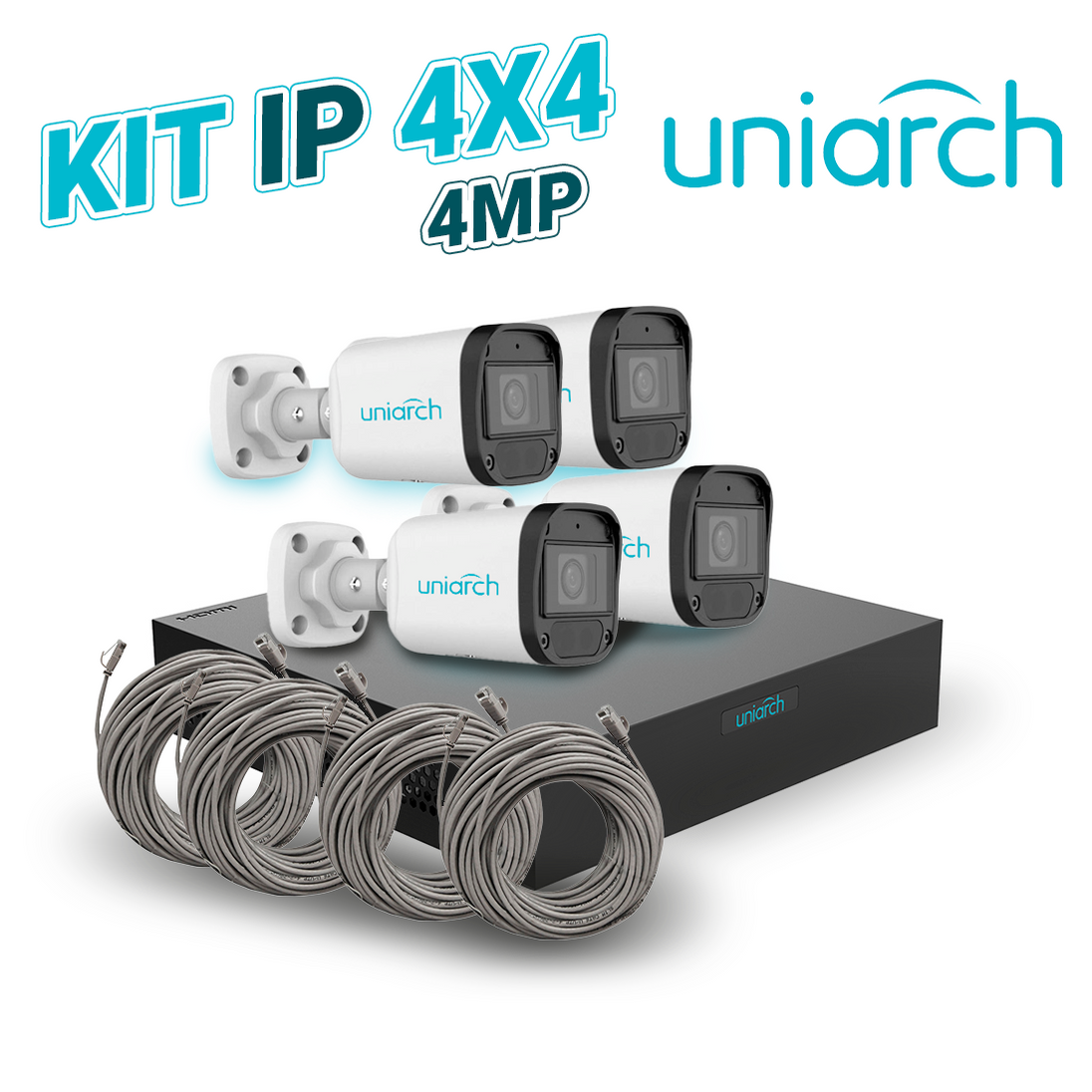 KIT 4X4 UNIARCH IP EXTERIOR BULLET 4MP INCLUYE 1 NVR POE 4PTOS + 4 CAM BULLET IP 4MP 2.8MM SLOT MICROSD + 4 CABLES PREPO