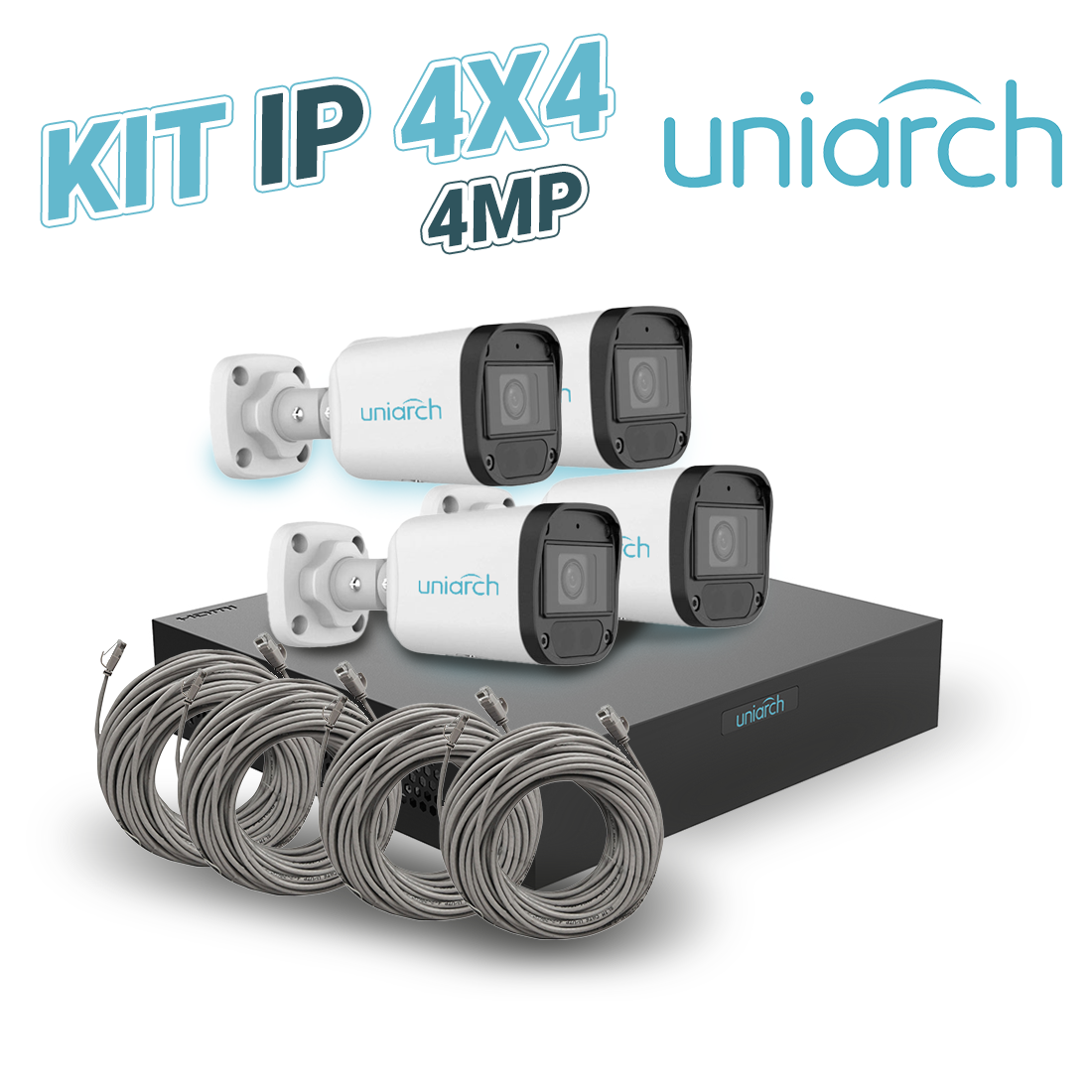 KIT 4X4 UNIARCH IP EXTERIOR BULLET 4MP INCLUYE 1 NVR POE 4PTOS + 4 CAM BULLET IP 4MP 2.8MM SLOT MICROSD + 4 CABLES PREPO
