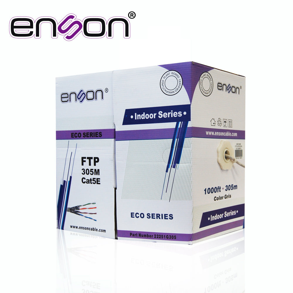 CABLE FTP CAT5E ENSON MODELO FTP 22251G305 SERIE ECO BLINDADO CALIBE 24 AWG CCA BOBINA DE 305 METROS FORRO PVC COLOR GRI