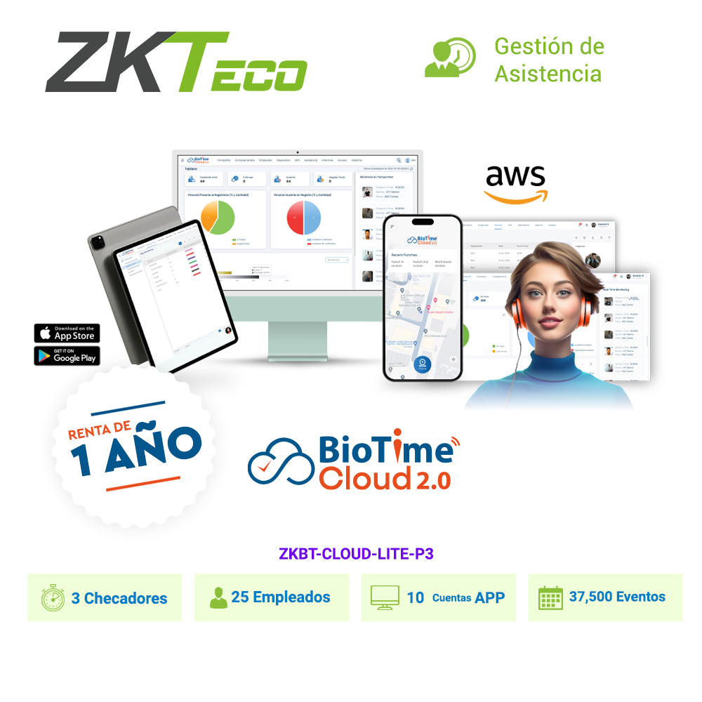 LICENCIA DE ASISTENCIA EN LA NUBE ZKTECO BIOTIME CLOUD LITE CAPACIDAD 3 CHECADORES, 25 EMPLEADOS, 10 APP, 37,500 EVENTOS