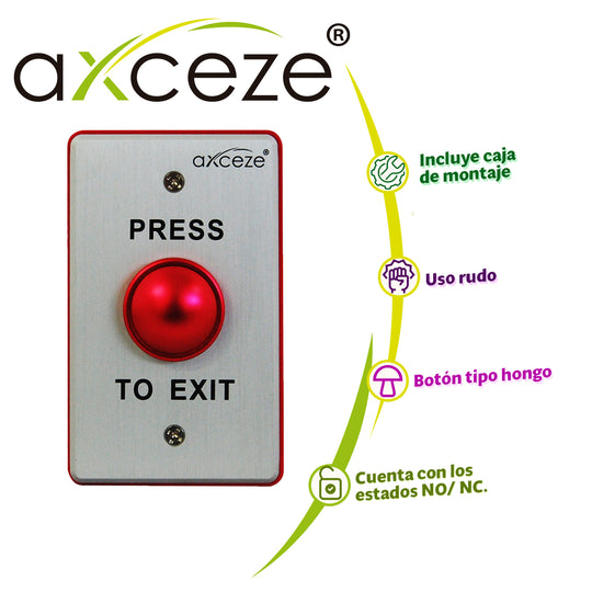 BOTON LIBERADOR PUSH TIPO HONGO AXCEZE AX-B70R EN ALUMINIO CUENTA CON LOS ESTADOS NO, NC