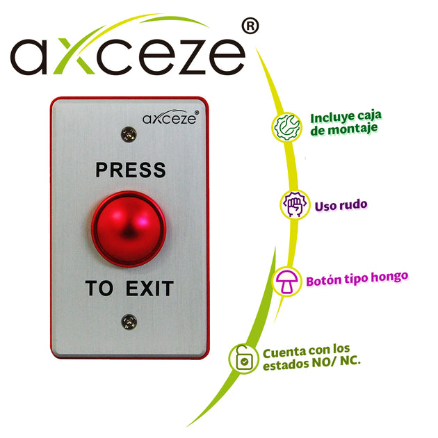 BOTON LIBERADOR PUSH TIPO HONGO AXCEZE AX-B70R EN ALUMINIO CUENTA CON LOS ESTADOS NO, NC