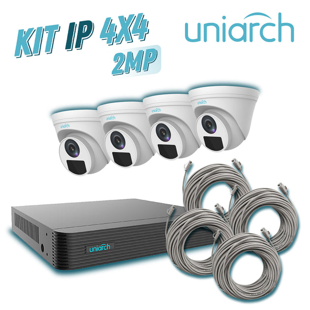 KIT 4X4 UNIARCH IP EXTERIOR TURRET 2MP 1080P INCLUYE 1 NVR POE 4 PTOS + 4 CAM TURRET IP 2 MP 2.8 MM SLOT MICRO SD + 4 CA