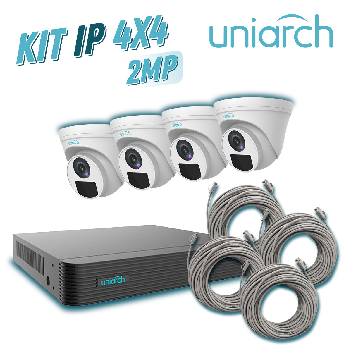 KIT 4X4 UNIARCH IP EXTERIOR TURRET 2MP 1080P INCLUYE 1 NVR POE 4 PTOS + 4 CAM TURRET IP 2 MP 2.8 MM SLOT MICRO SD + 4 CA