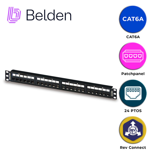 PATCH PANEL REVCONNECT CAT6A BELDEN RVAPPF1U24BK / NEGRO / 24 PUERTOS / 1UR / PRECARGADO / PIEZA