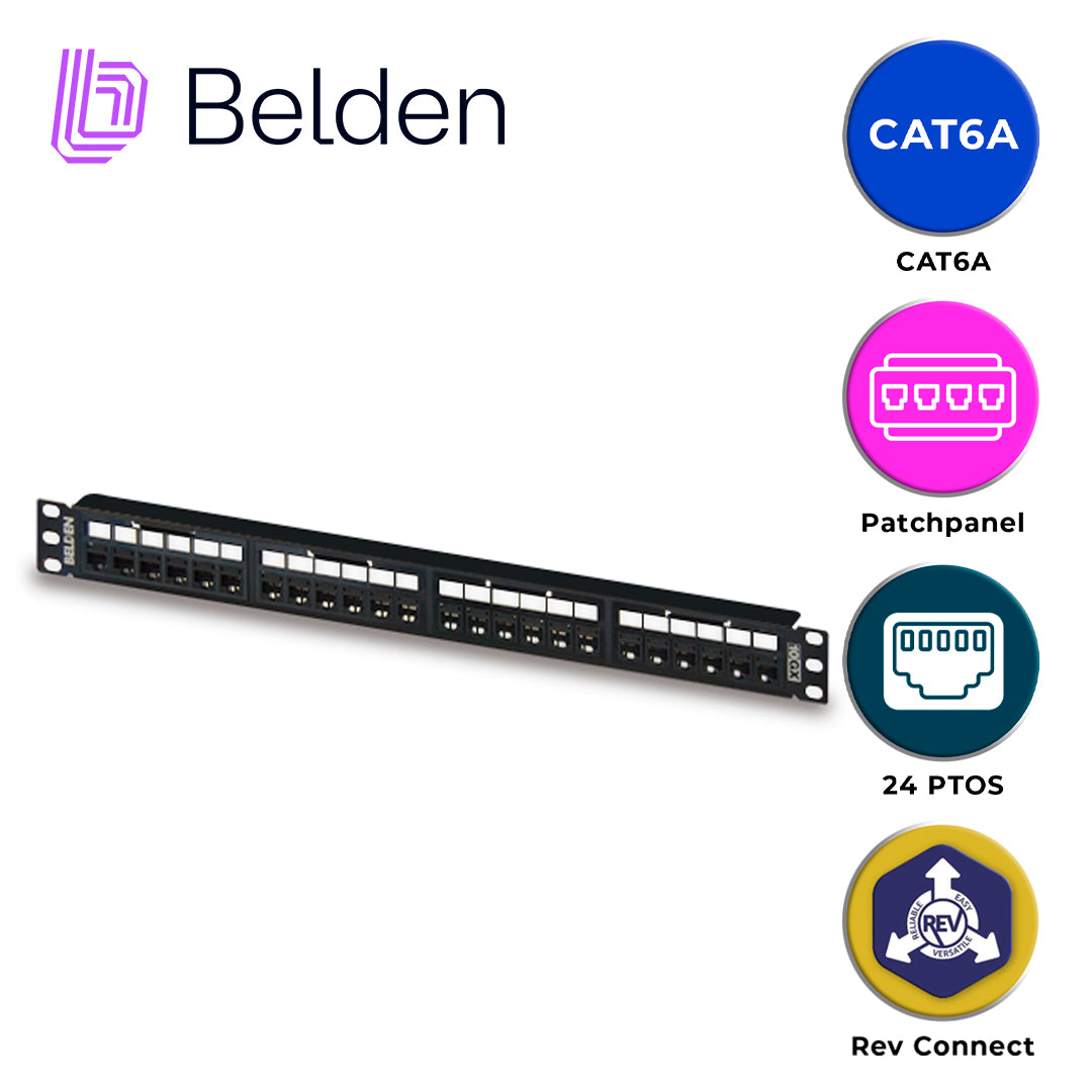 PATCH PANEL REVCONNECT CAT6A BELDEN RVAPPF1U24BK / NEGRO / 24 PUERTOS / 1UR / PRECARGADO / PIEZA