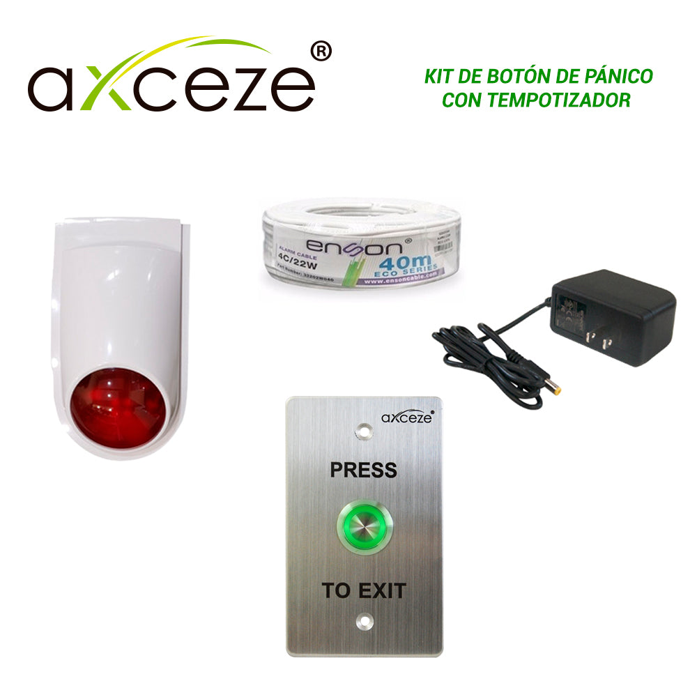 KIT DE BOTON DE PANICO CON TEMPORIZADOR CON 1x BOTON LIBERADOR PUSH AX-B90 + 1x SIRENA-ESTROBO PAM-SL500 + 1x FUENTE DE 