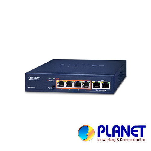 SWITCH NO ADMINISTRABLE PLANET FSD-604HP / 6 PUERTOS RJ45 FAST ETHERNET 10/100 MBPS / 4 PUERTOS CON POE 802.3AF/AT (PUER