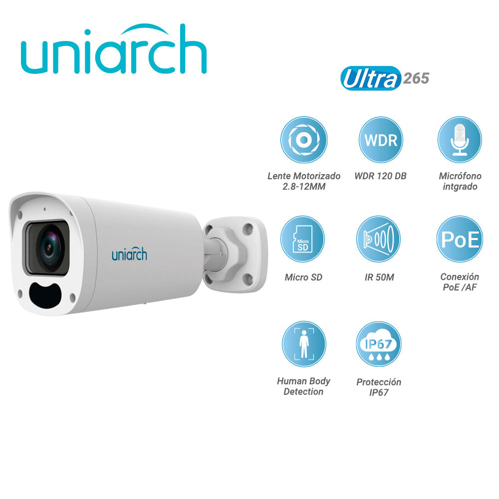 CAMARA IP BULLET UNIARCH IPC-B315-APKZ / 5 MP/ ULTRA265 / LENTE MOTORIZADO 2.8-12 MM / WDR 120 DB / MICROFONO EMBEBIDO /
