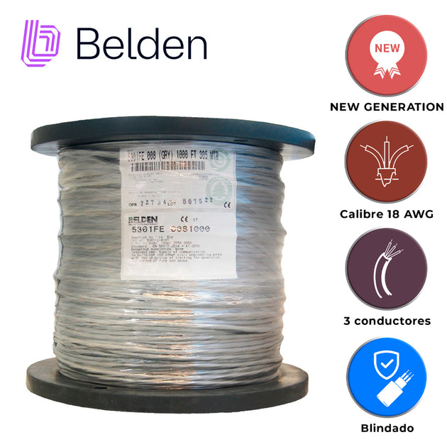 CABLE DE SEGURIDAD Y SONIDO BELDEN 5301FE 0081000 / INTERIOR / GRIS / 3 CONDUCTORES / 18 AWG / MULTIFILAR / FORRO PVC / 