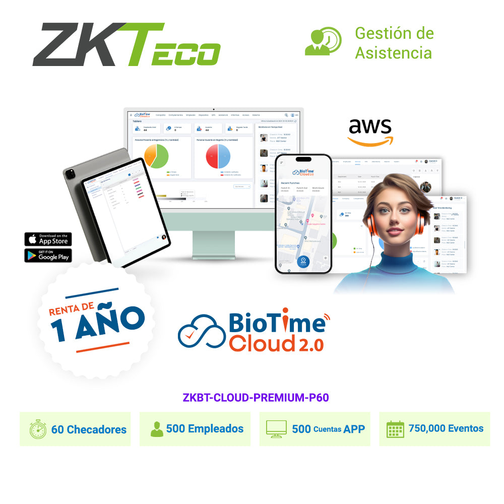 LICENCIA DE ASISTENCIA EN LA NUBE ZKTECO BIOTIME CLOUD PREMIUM CAPACIDAD DE 60 CHECADORES, 500 EMPLEADOS, 500 APP, 750,0