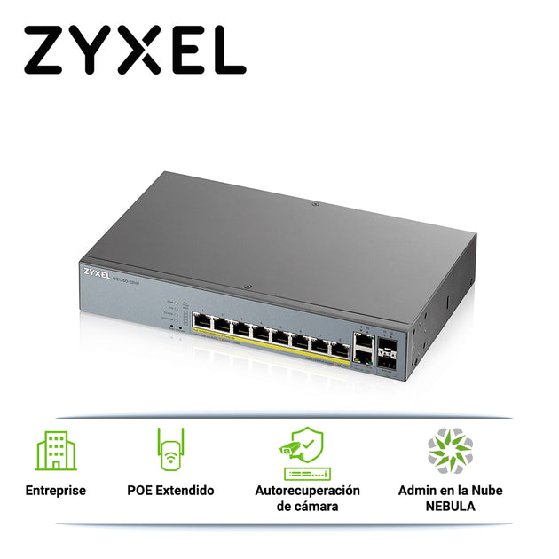 SWITCH POE GIGABIT 8PTOS+2UPLINK ENTERPRISE NEBULA ZYXEL GS1350-12HP 10 PUERTOS RJ45 10/100/1000MBPS POE+ AF/AT + 2 PUER