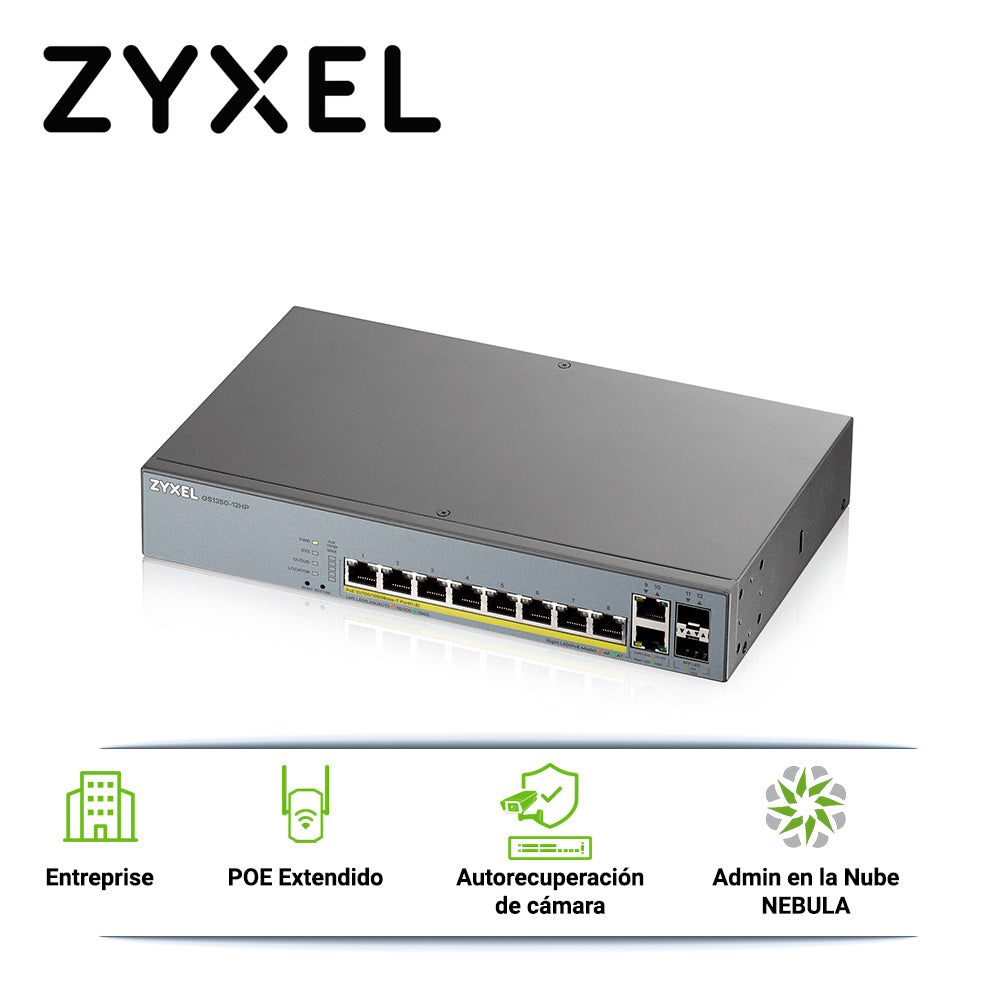 SWITCH POE GIGABIT 8PTOS+2UPLINK ENTERPRISE NEBULA ZYXEL GS1350-12HP 10 PUERTOS RJ45 10/100/1000MBPS POE+ AF/AT + 2 PUER