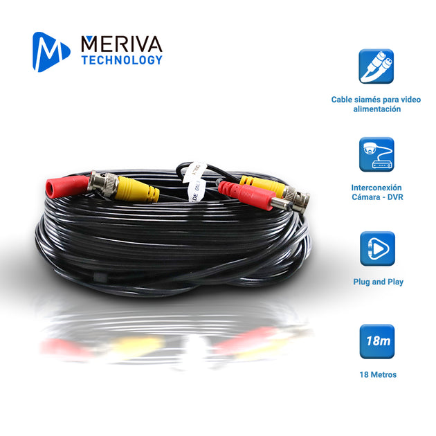 CABLE DE VIDEO HD ARMADO MERIVA MVA-HDCB18 18MTS NEGRO CON CONECTORES DE VIDEO BNC Y CORRIENTE OPTIMIZADO PARA AHD/HDTVI