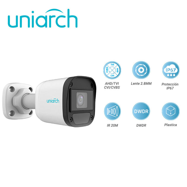 CAMARA ANALOGICA BULLET UNIARCH UAC-B115-F28 / UAC-B115-F28-H / 5MP / AHD/TVI/CVI/CVBS / LENTE FIJO 2.8 MM / 12 VCD / IP