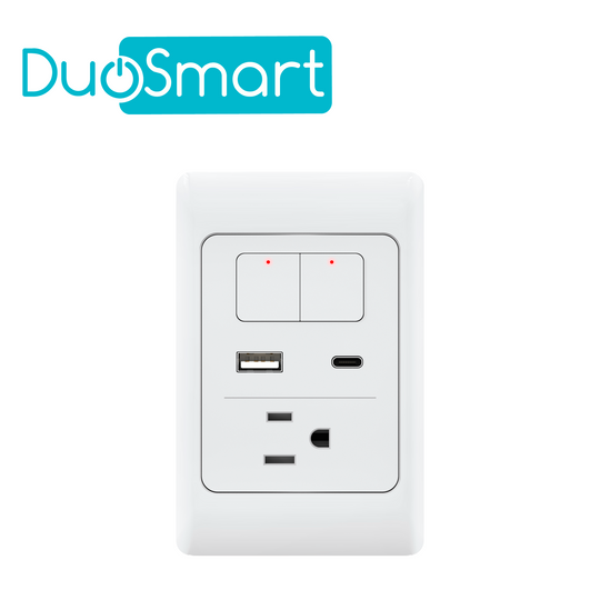 APAGADOR Y CONTACTO TOMACORRIENTE DUOSMART A70 / 2 BOTONES-UNIDADES / 1 CONTACTO / 1 PUERTO USB / 1 PUERTO USB-C / WIFI 