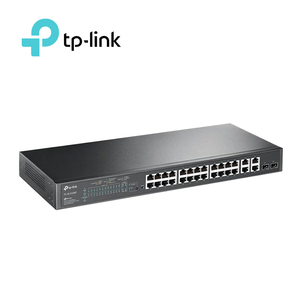SWITCH ADMINISTRABLE TP-LINK SL2428P / 24 PUERTOS RJ45 POE AF/AT 10/100 MBPS + 2 PUERTOS GIGA RJ45 + 2 PUERTOS GIGA COMB