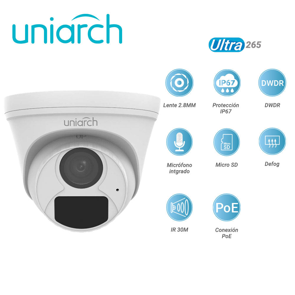 CAMARA IP TURRET UNIARCH IPC-T124-APF28K / 4MP / ULTRA265 / LENTE 2.8 MM / IP67 / DWDR / MICROFONO INTEGRADO / RANURA PA