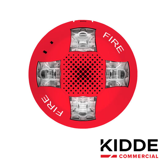 SIRENA CON ESTROBO DE TECHO, 15-115 CD, MARCA KIDDE, EGCAVRF, ROJA, CON LA PALABRA FIRE. PLACA DE CABLEADO INCLUIDA.