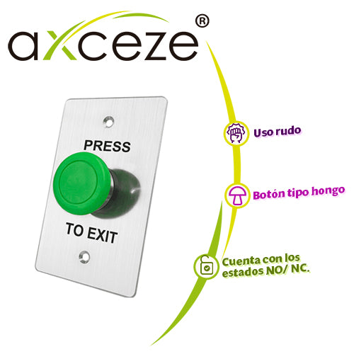 BOTON LIBERADOR AXCEZE AX-B130 TIPO PUSH CON FORMA DE HONGO EN COLOR VERDE FABRICADO EN ACERO MEDIDAS 115 X 70 X 45MM CO