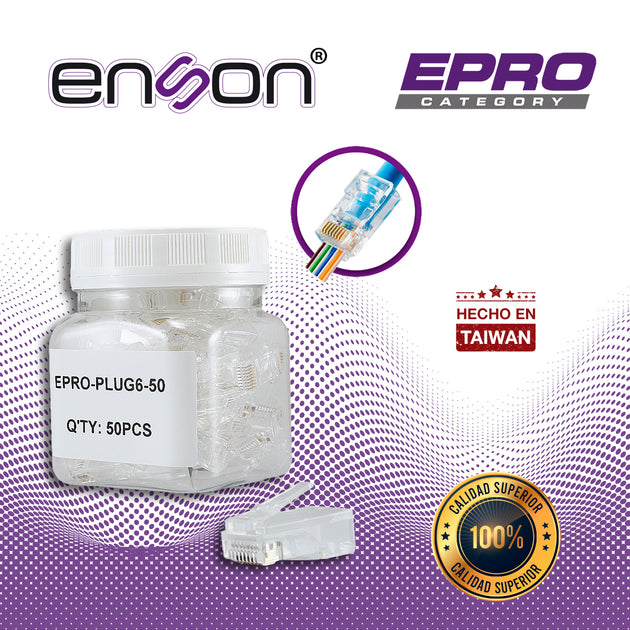 PLUG FACIL PONCHADO ENSON EPRO-PLUG6-50 BOTE DE 50 PZS PARA CABLE UTP CAT6 CON SISTEMA DE PASO DE CABLES PASSTRU QUE FAC