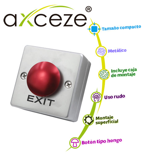 BOTON LIBERADOR AXCEZE AX-B55 BOTON TIPO PUSH CON FORMA DE HONGO EN COLOR ROJO INCLUYE BASE METALICA FABRICADO EN ALEACI