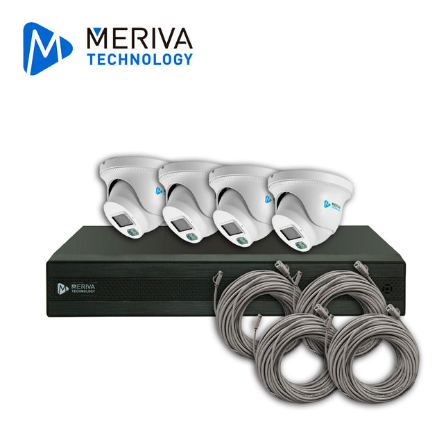 KIT DE VIDEOVIGILANCIA IP MERIVA TECHNOLOGY MKIP2MP-4T-8P 4 CÁMARAS TURRET IP MTD-203D DE 2MP LUZ DUAL CON MICROFONO INT
