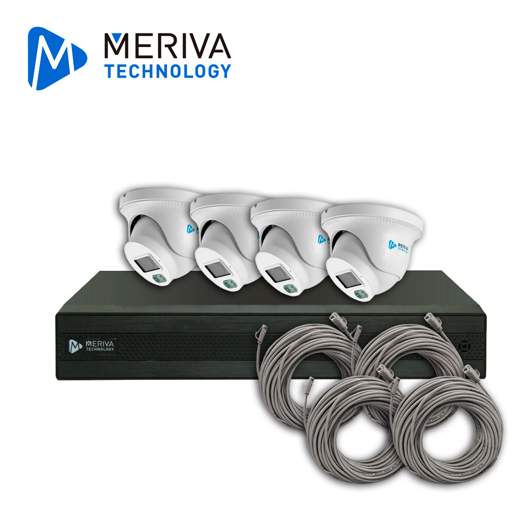 KIT DE VIDEOVIGILANCIA IP MERIVA TECHNOLOGY MKIP2MP-4T-8P 4 CÁMARAS TURRET IP MTD-203D DE 2MP LUZ DUAL CON MICROFONO INT