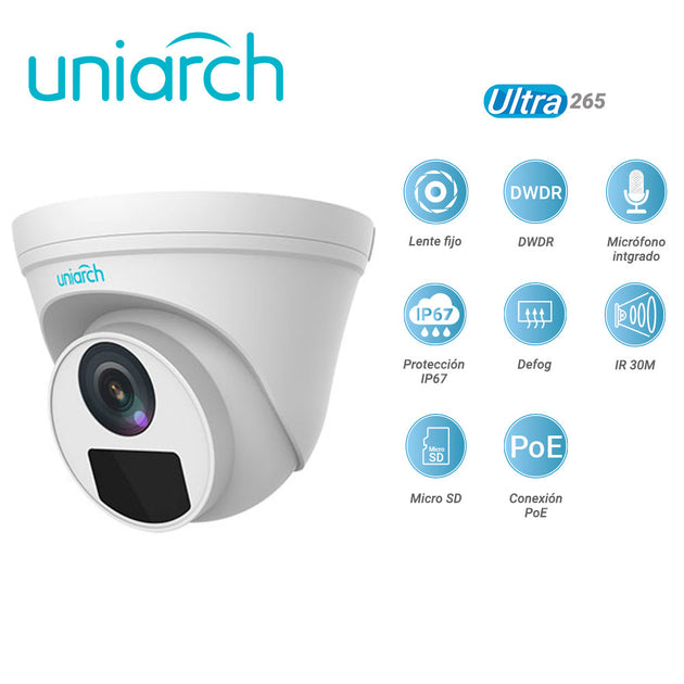 CAMARA IP TURRET UNIARCH IPC-T122-APF28K / 2MP / LENTE-2.8MM / DWDR / IR30M / MICROSD128GB / MICROFONO-INTEGRADO / DIGIT