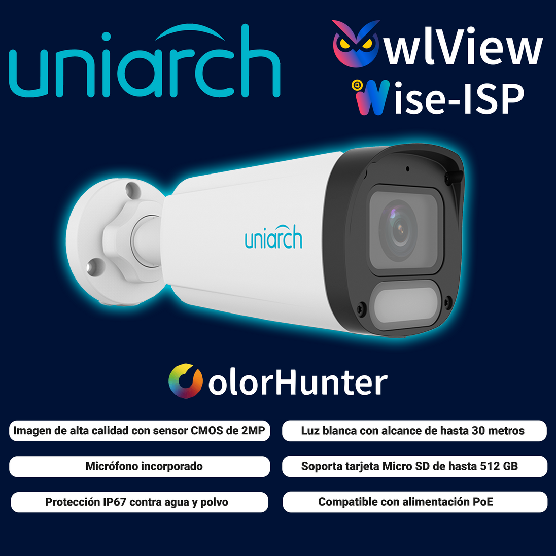 CAMARA IP BULLET OWLVIEW UNIARCH IPC-B242-ADF28K-WP / 2MP / LENTE 2.8MM / TRUE-WDR120DB / LUZ-CALIDA30M-LUZ-BLANCA30M / 
